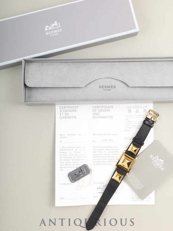 エルメス メドール 11.01 クォーツ Cal.976.001 GP 純正革ベルト(◯Y刻印:1995年) 純正ピンバックル(GP) ホワイト文字盤 箱 冊子 タグ 保証書(1995年)オーバーホール済み