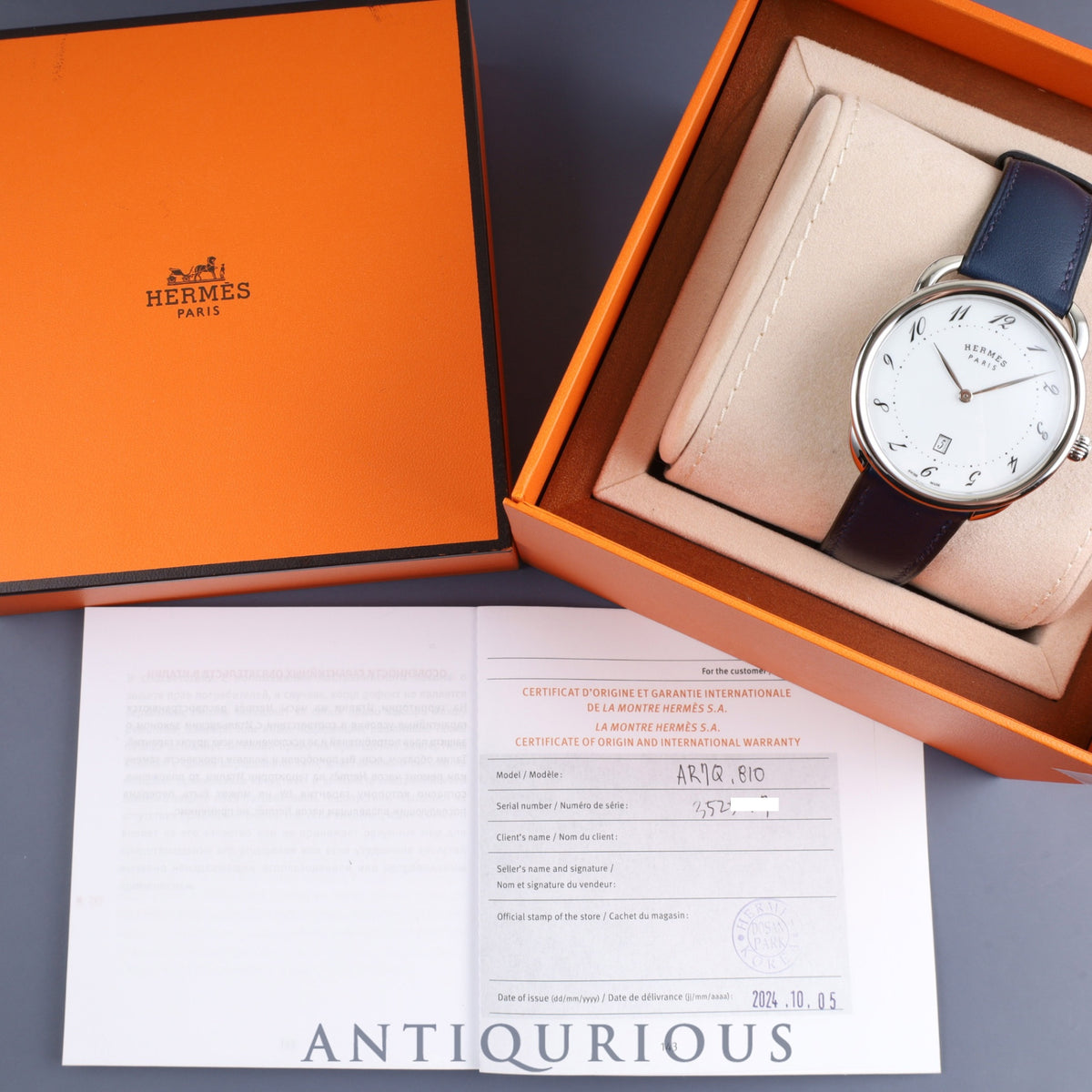 Hermès Arceau AR7Q.810 Quartz Movement, Stainless Steel, Genuine Leather Strap (Z Stamp: 2021), Genuine Pin Buckle (SS), White Arabic Dial, Box, Booklet, Warranty Card (2024), Overhauled