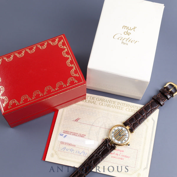 Cartier Must Vendome VLC SM 590004 Quartz Cal.90 SV925 Leather Genuine Buckle (GP) Front Trinity Dial Box Warranty (1991) Overhauled