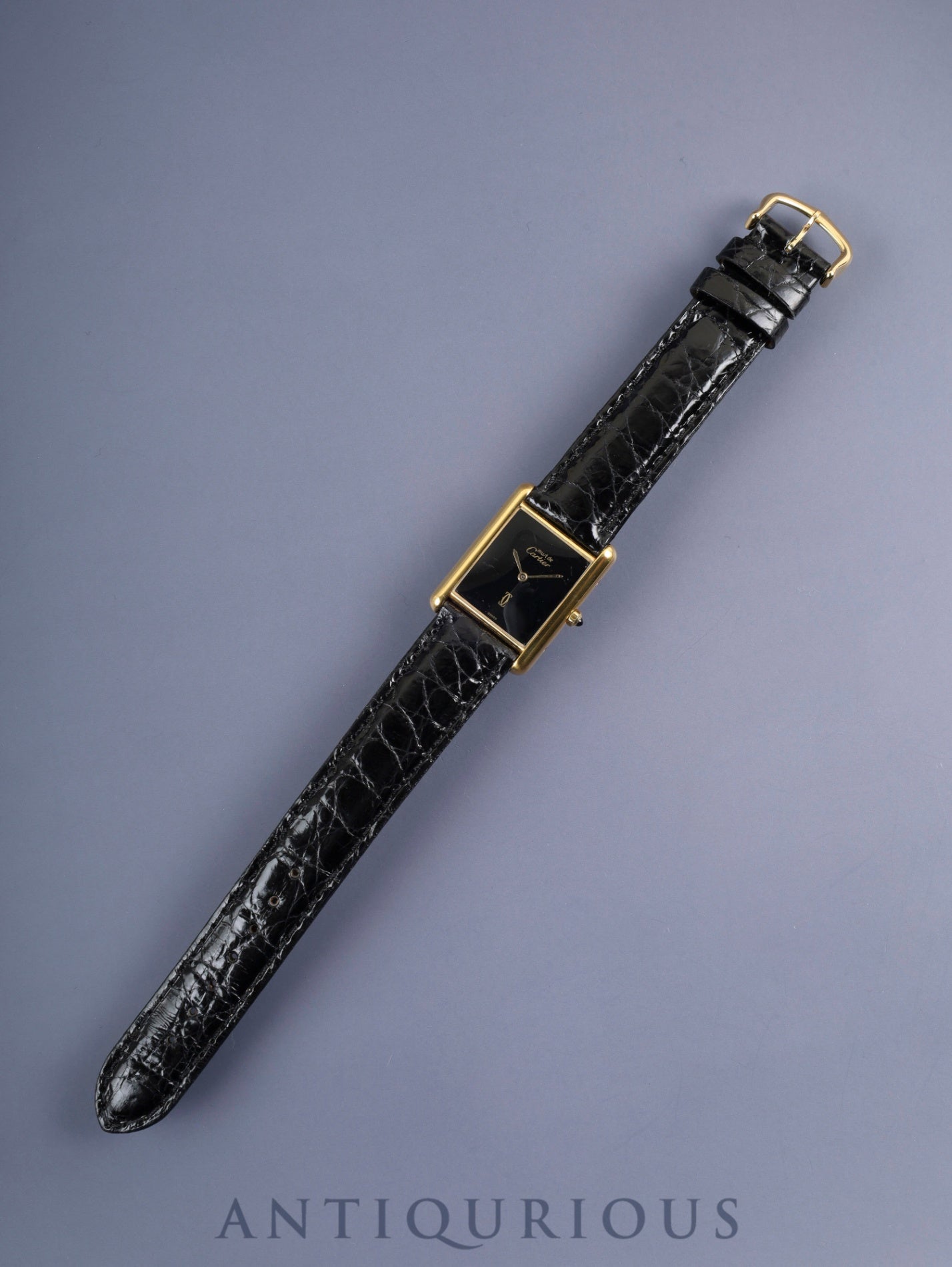 Cartier Must Tank LM 681006 Quartz Caliber 81 SV925 Leather Strap with Genuine GP Buckle, Onyx Dial, Overhauled and Polished to Look Like New