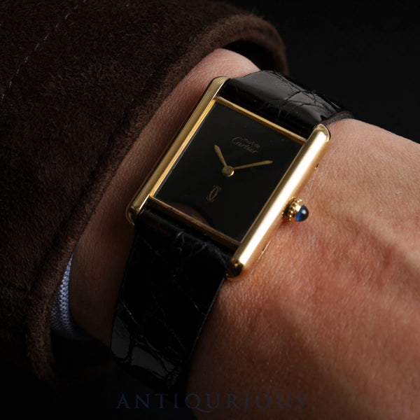 Cartier Must Tank LM Manual winding Cal.78-1 SV925 Leather Genuine buckle (GP) Onyx dial Overhauled