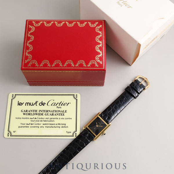 カルティエ マストタンクSM 手巻き 925 革 純正尾錠 オニキス文字盤 箱 保証書(ブランク) オーバーホール済み