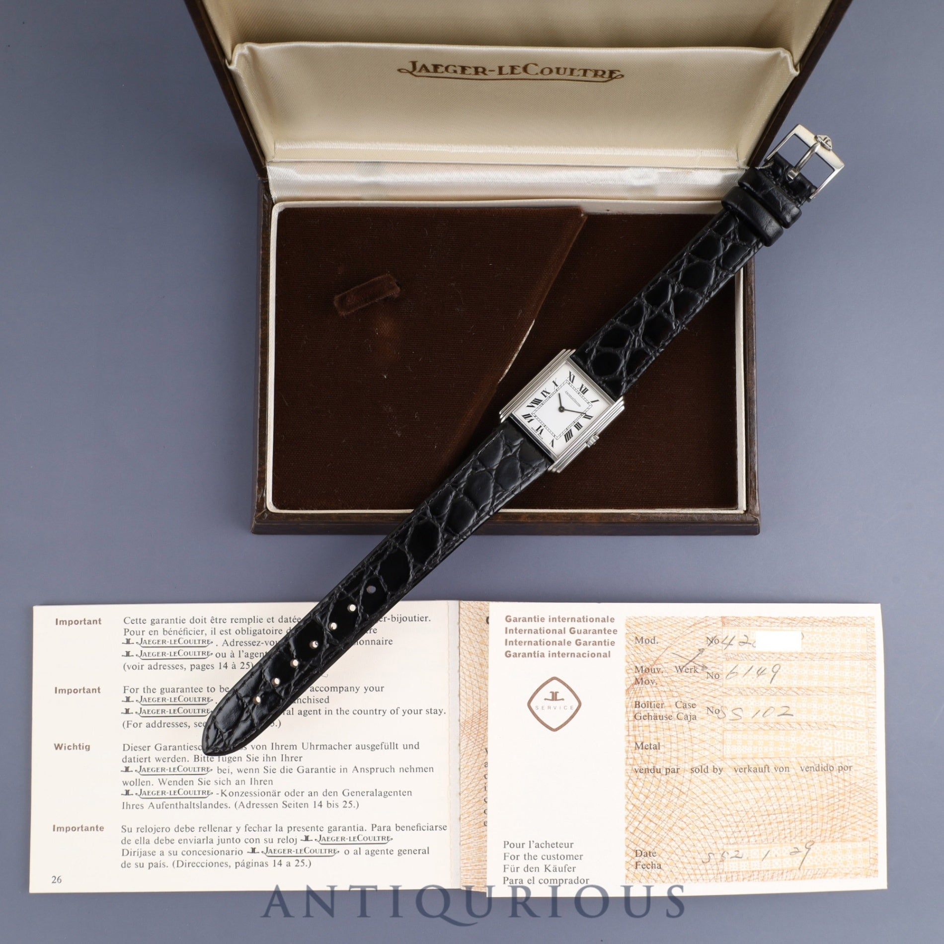 ジャガー・ルクルト レクタンギュラー 6149 42 手巻き Cal.846 革 純正尾錠(SS) ホワイトローマン文字盤 冊子 ケース 保証書(1977年)オーバーホール済み