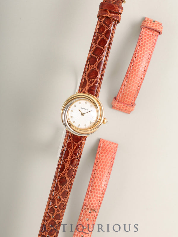 Cartier Trinity WG200246 / 2357 Quartz Cal.157 750 (Trinity) Leather Original pin buckle (GP) White guilloché dial (12P diamonds) Comes with original leather strap Overhauled