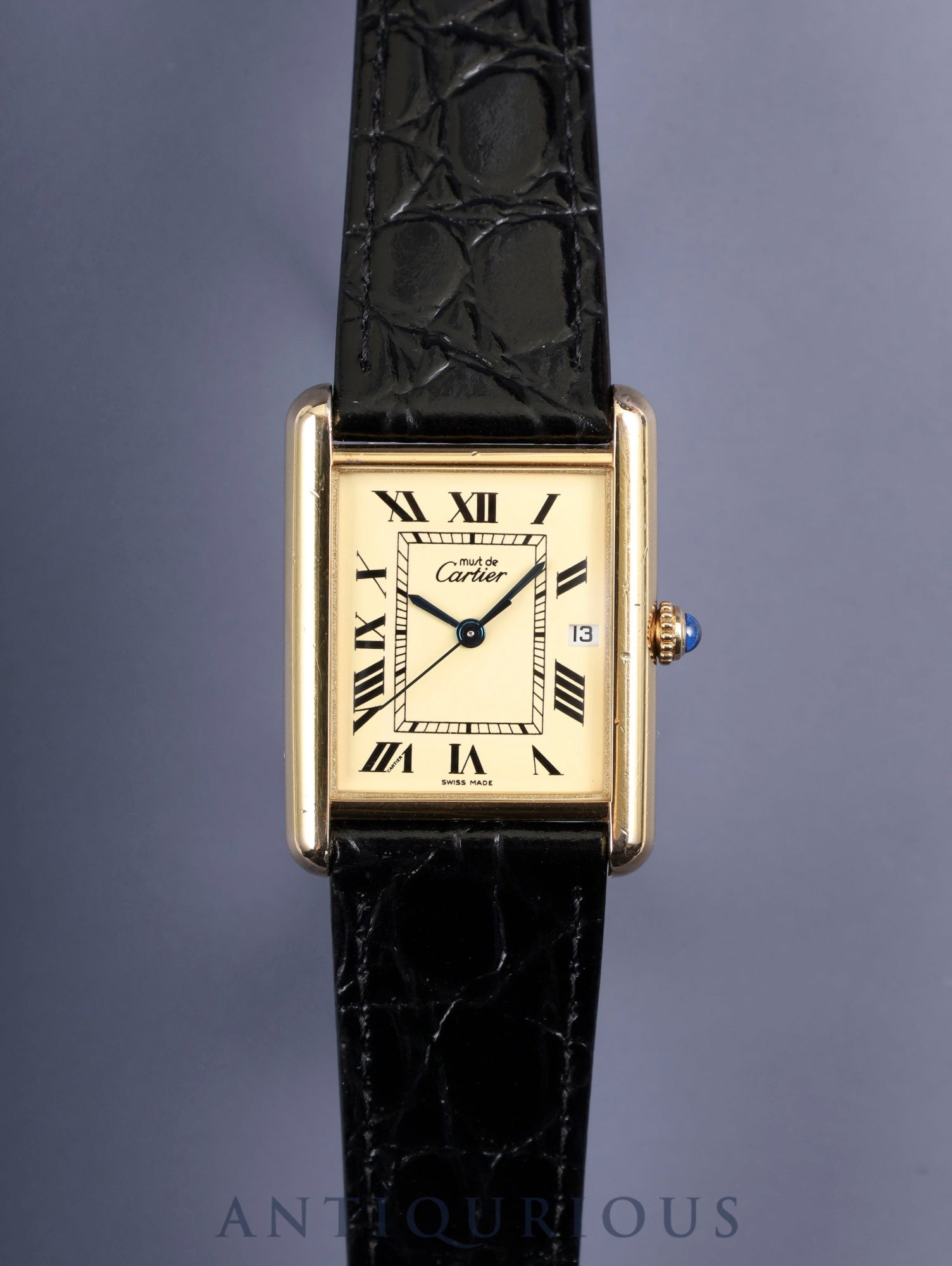 Cartier Must Tank GM (XL) 2413 Quartz Caliber 687 SV925 Leather Strap with Genuine GP Buckle, Ivory Roman Dial (SWISS MADE Marking), Overhauled