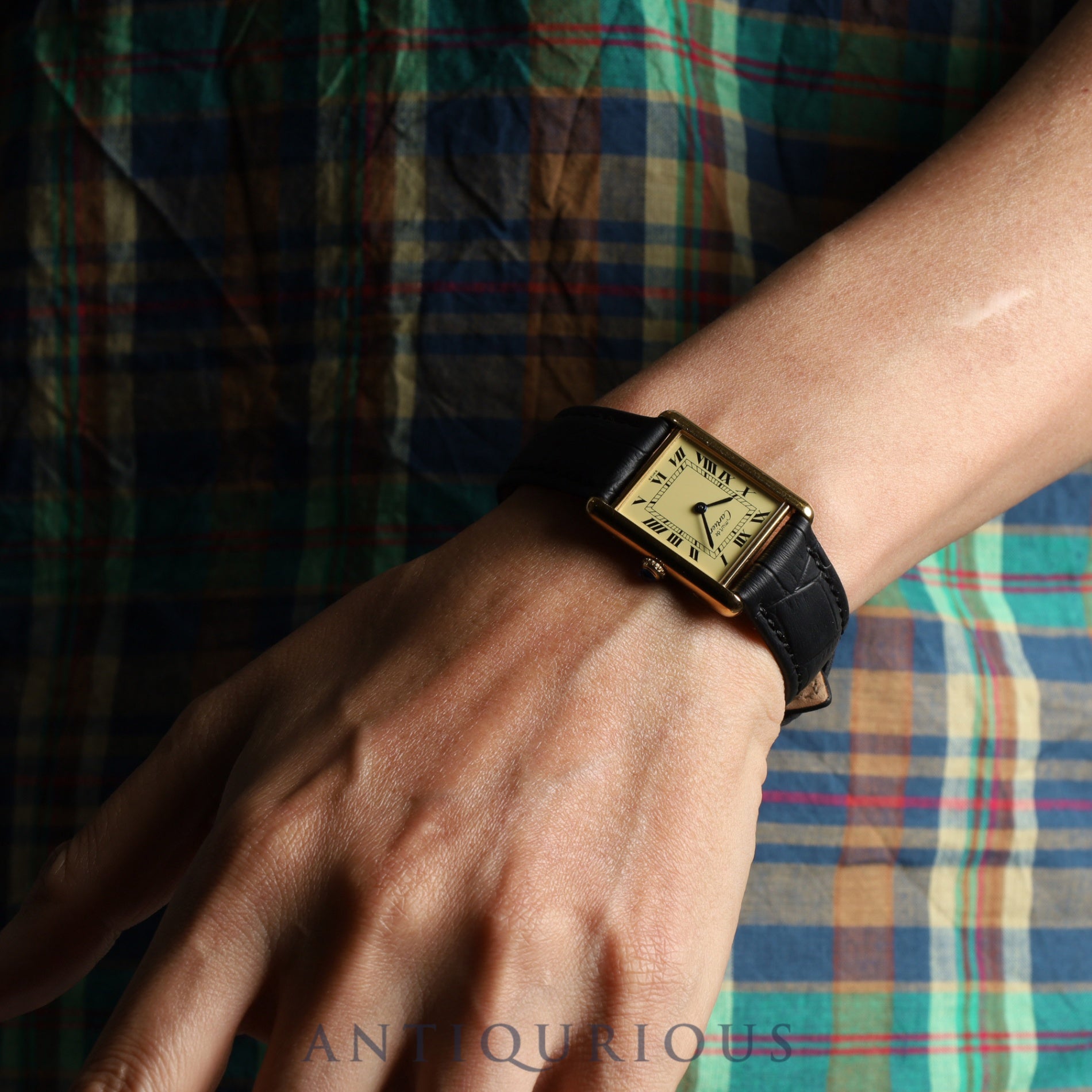 Cartier Must Tank LM 590005 Quartz SV925 Leather Genuine Buckle (GP) Ivory Roman Dial Overhauled