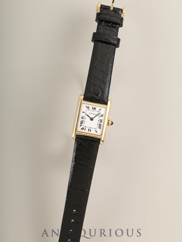 カルティエ タンクルイカルティエ SM 78087 手巻き Cal.ETA2512 750YG 革 純正ピンバックル(GP)ホワイトローマン文字盤(SWISS表記 )保証書(1984年 /個人名記載あり)冊子 オーバーホール済み