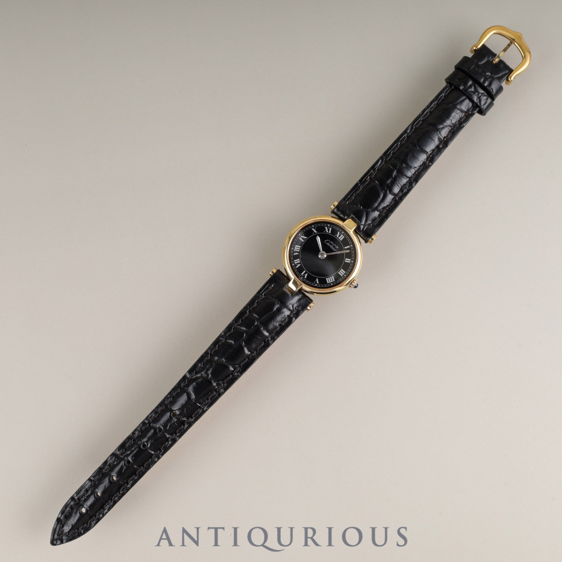 Cartier Must Vendôme VLC SM Quartz Cal.81 SV925 Leather Strap with Genuine GP Buckle, Black Roman Dial, Overhauled