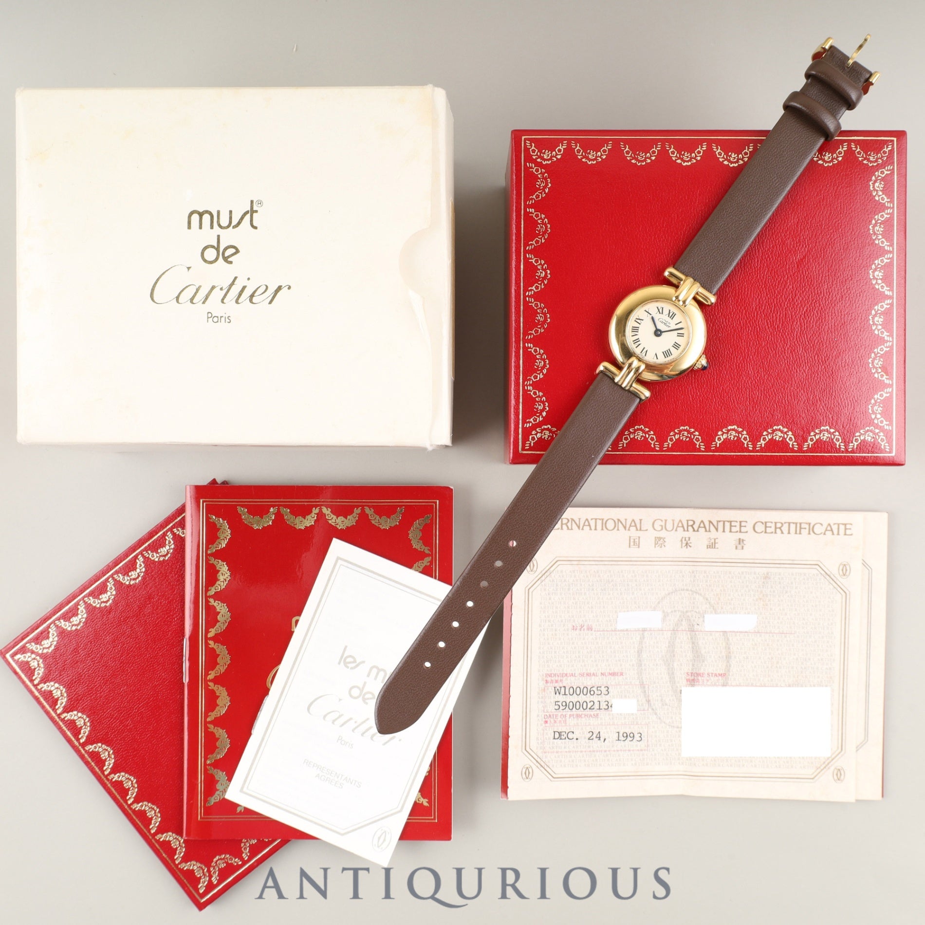 カルティエ マストコリゼ W1000653 / 590002 クォーツ Cal.90 SV925 革 純正尾錠(GP)アイボリーローマン文字盤 箱 冊子 保証書(1993年)オーバーホール済み