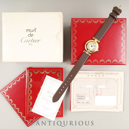 カルティエ マストコリゼ W1000653 / 590002 クォーツ Cal.90 SV925 革 純正尾錠(GP)アイボリーローマン文字盤 箱 冊子 保証書(1993年)オーバーホール済み