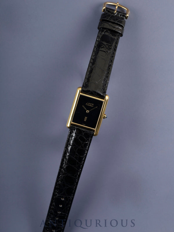 Cartier Must Tank LM 681006 Quartz Caliber 81 SV925 Leather Strap with Genuine GP Buckle, Onyx Dial, Overhauled and Polished to Look Like New