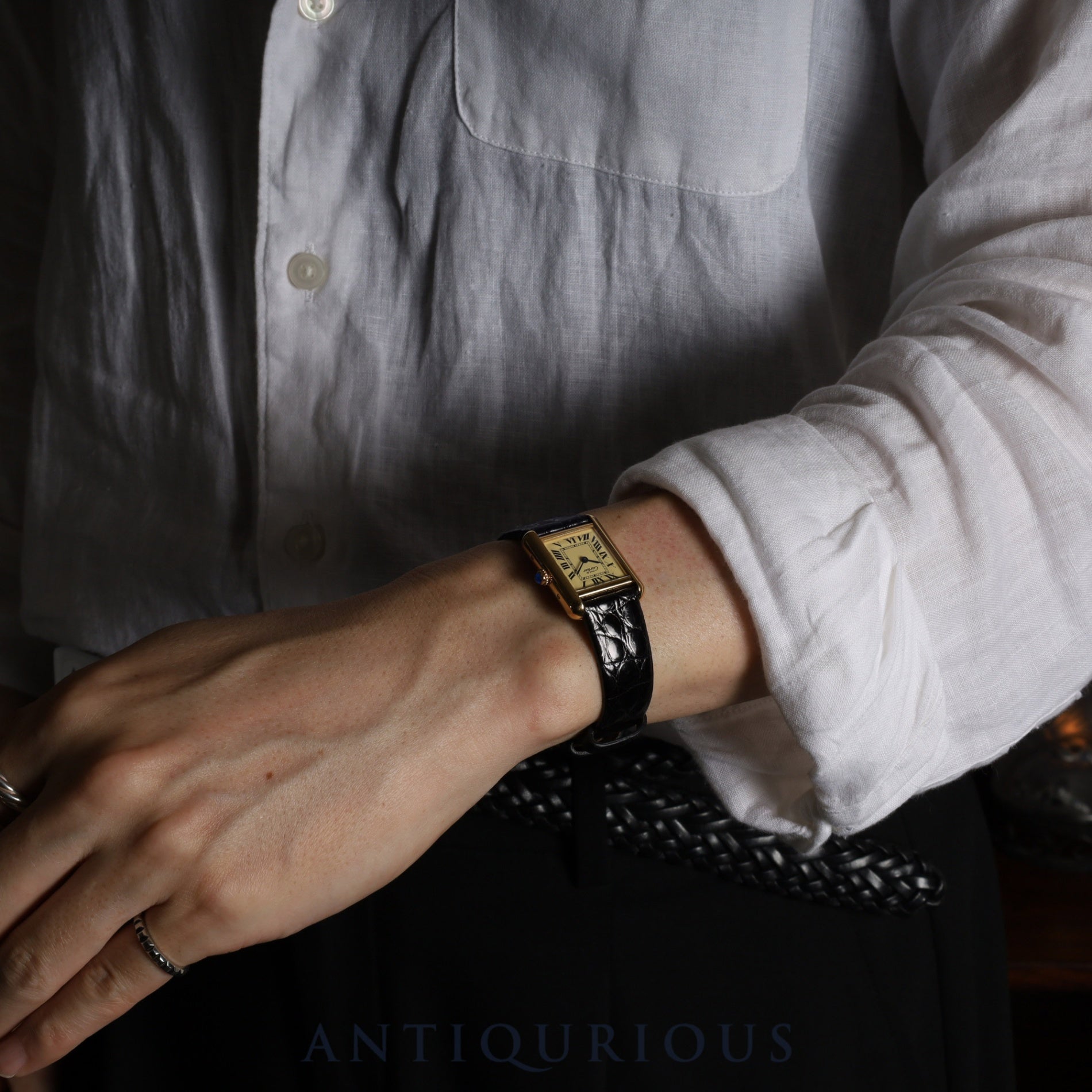 Cartier Must Tank MM 2415 Quartz Caliber 057 SV925 Leather Strap with Genuine GP Buckle, Ivory Roman Dial, Overhauled