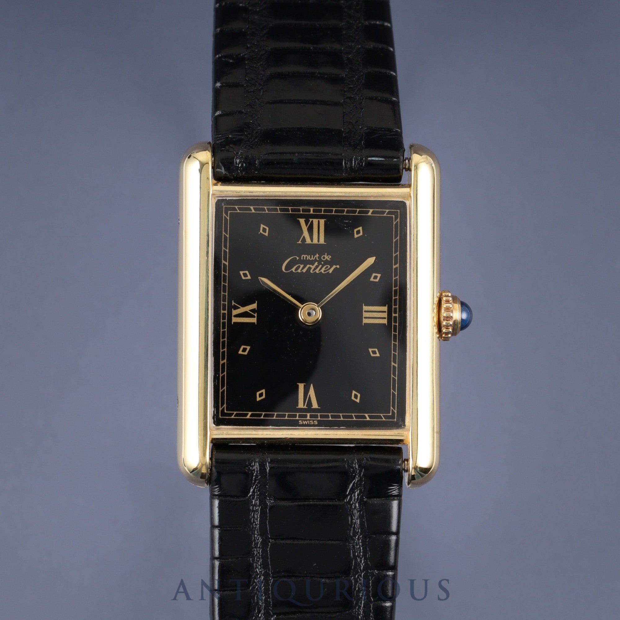 Cartier Must Tank LM 590005 Quartz Caliber 90 SV925 Leather Strap with Genuine GP Buckle, Black Roman Dial, Overhauled and Finished to Look Like New