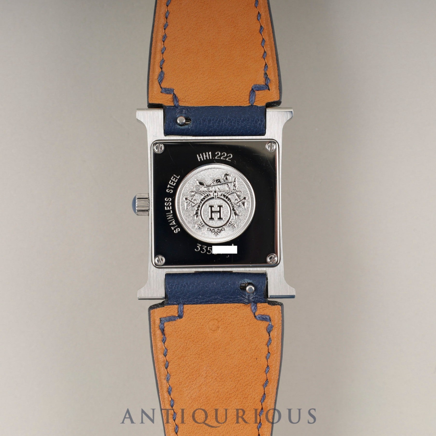 Hermès H Watch HH1.222 Quartz Caliber 901.001 Stainless Steel with Genuine Leather Strap (C Stamp: 2018) and Genuine Buckle (SS). Blue Dial. Overhauled.