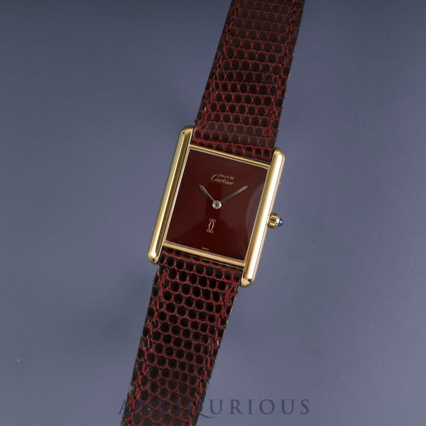 Cartier Must Tank LM 6 81006 Quartz Caliber 81 SV925 with Genuine Leather Strap and Genuine GP Buckle, Garnet Dial, Bordeaux Dial, Circa 1982-1995, Overhauled
