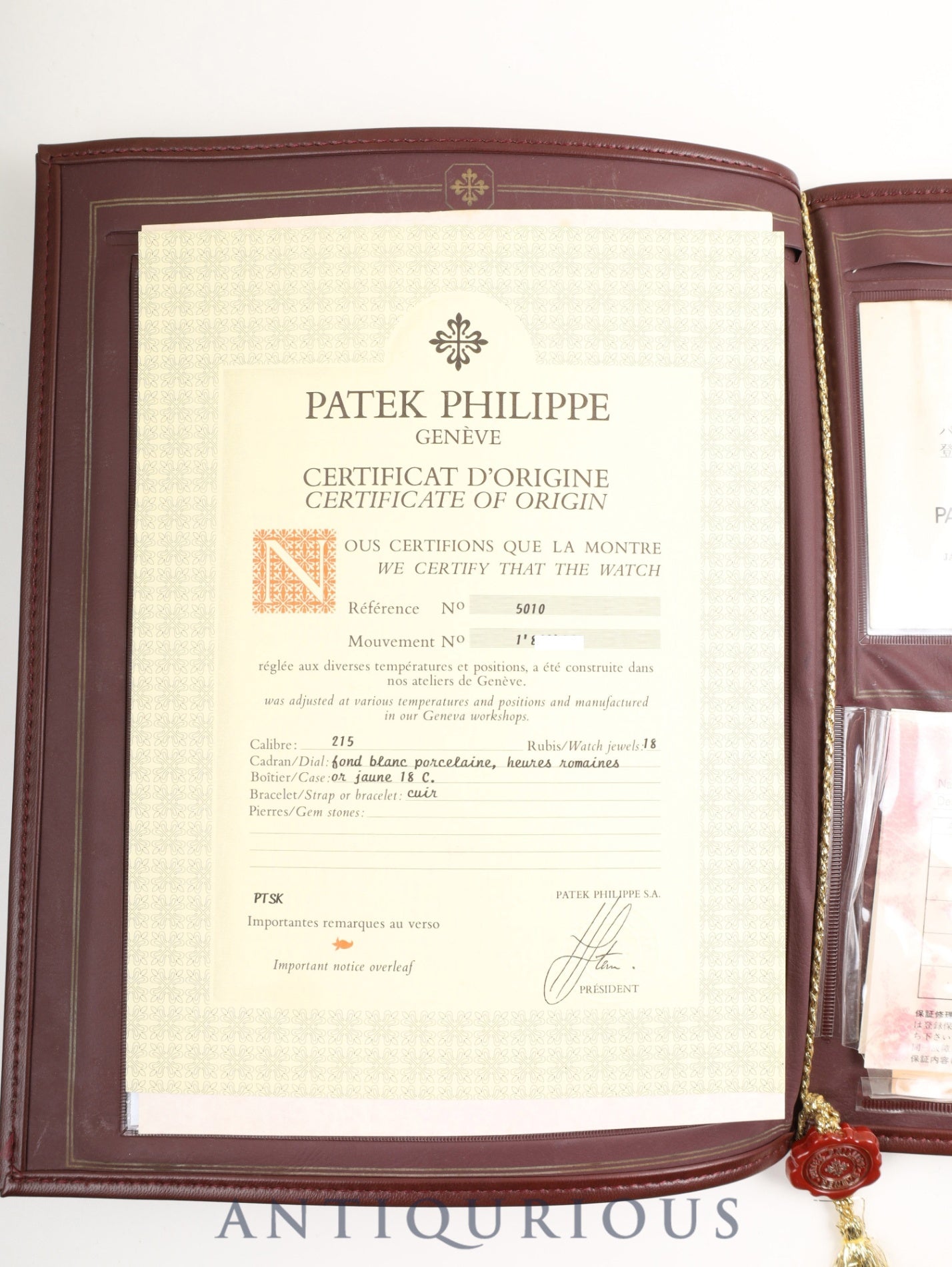 パテック・フィリップ ゴンドーロ 5010 手巻き Cal.215 750YG 革 純正尾錠(750YG)ホワイトローマン文字盤 箱 登録保証書 オーバーホール済み