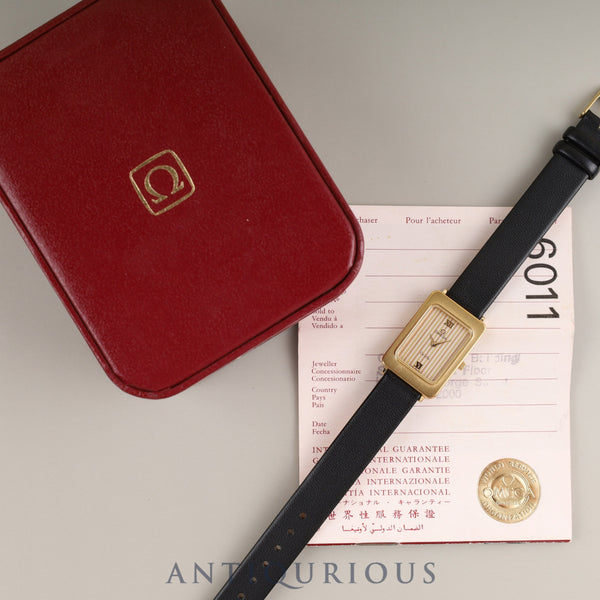 オメガ デ・ヴィル 595.0084 クォーツ Cal.976.001 GP 革 社外尾錠 ゴールドストライプ文字盤 箱 保証書 オーバーホール済み