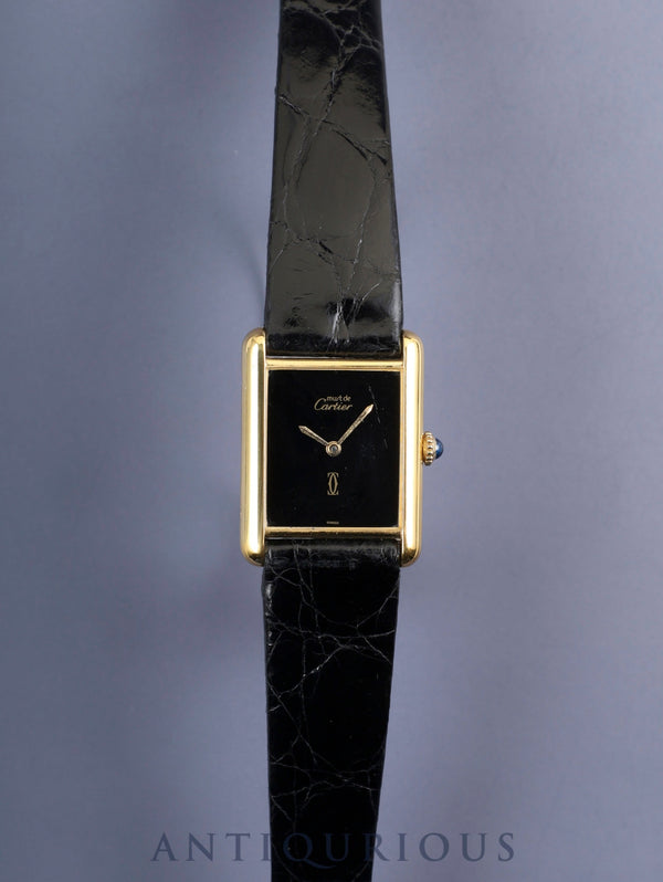 カルティエ マストタンク LM 手巻き SV925 革 純正尾錠(GP)オニキス文字盤(SWISS表記) オーバーホール済み 新品仕上げ済み