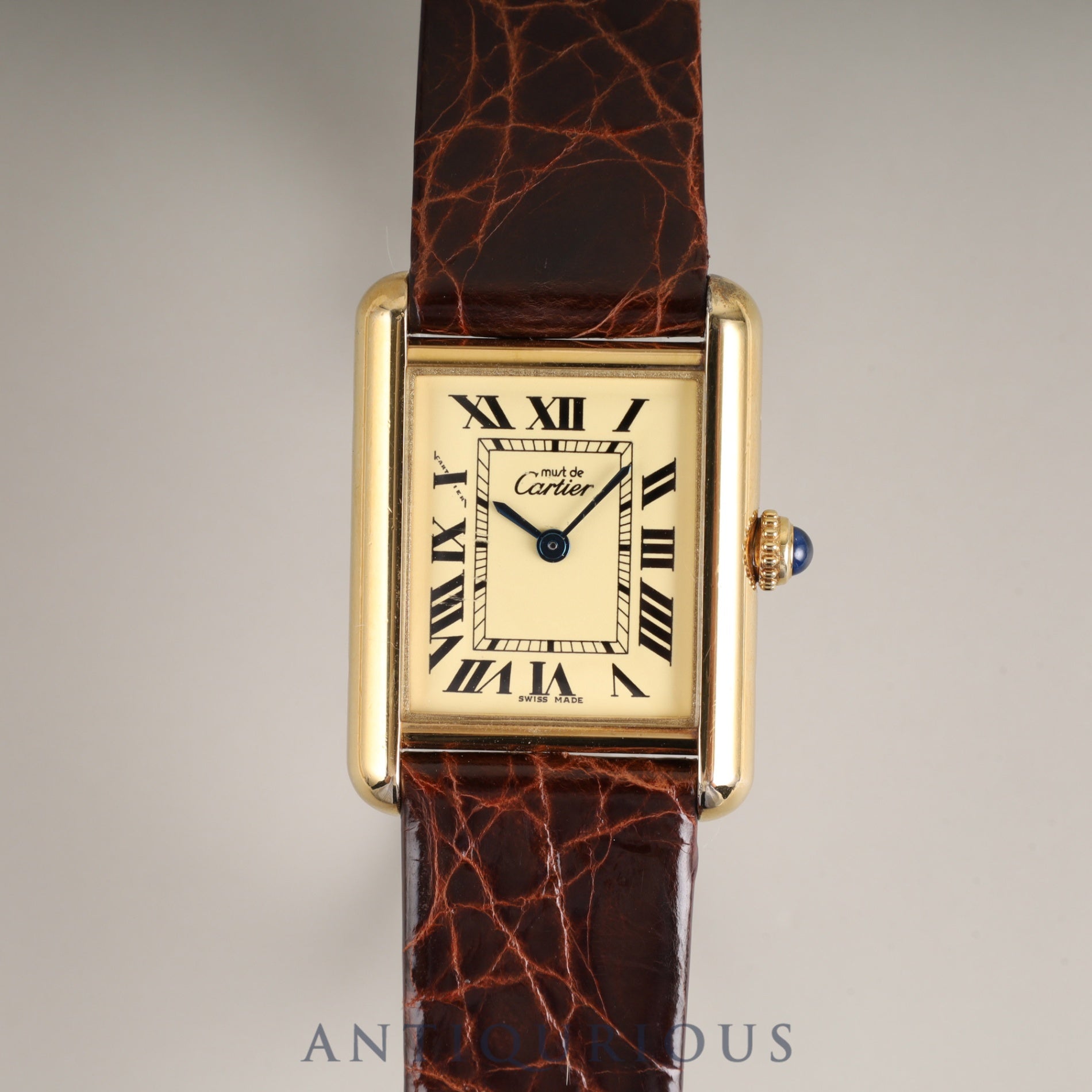 カルティエ マストタンク MM 2415 クォーツ Cal.057 SV925 革 純正尾錠(GP) アイボリーローマン文字盤(ガラス小傷) 箱 冊子 保証書(2004年)オーバーホール済み