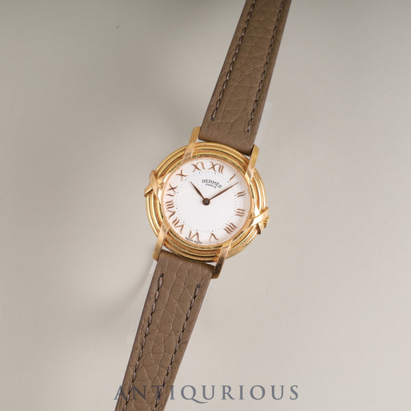 エルメス ルバン クォーツ Cal.976.001 750YG 革 純正尾錠(GP) ホワイト文字盤 純正革ベルト(◯M刻印:1983年、使用感あり)オーバーホール済み