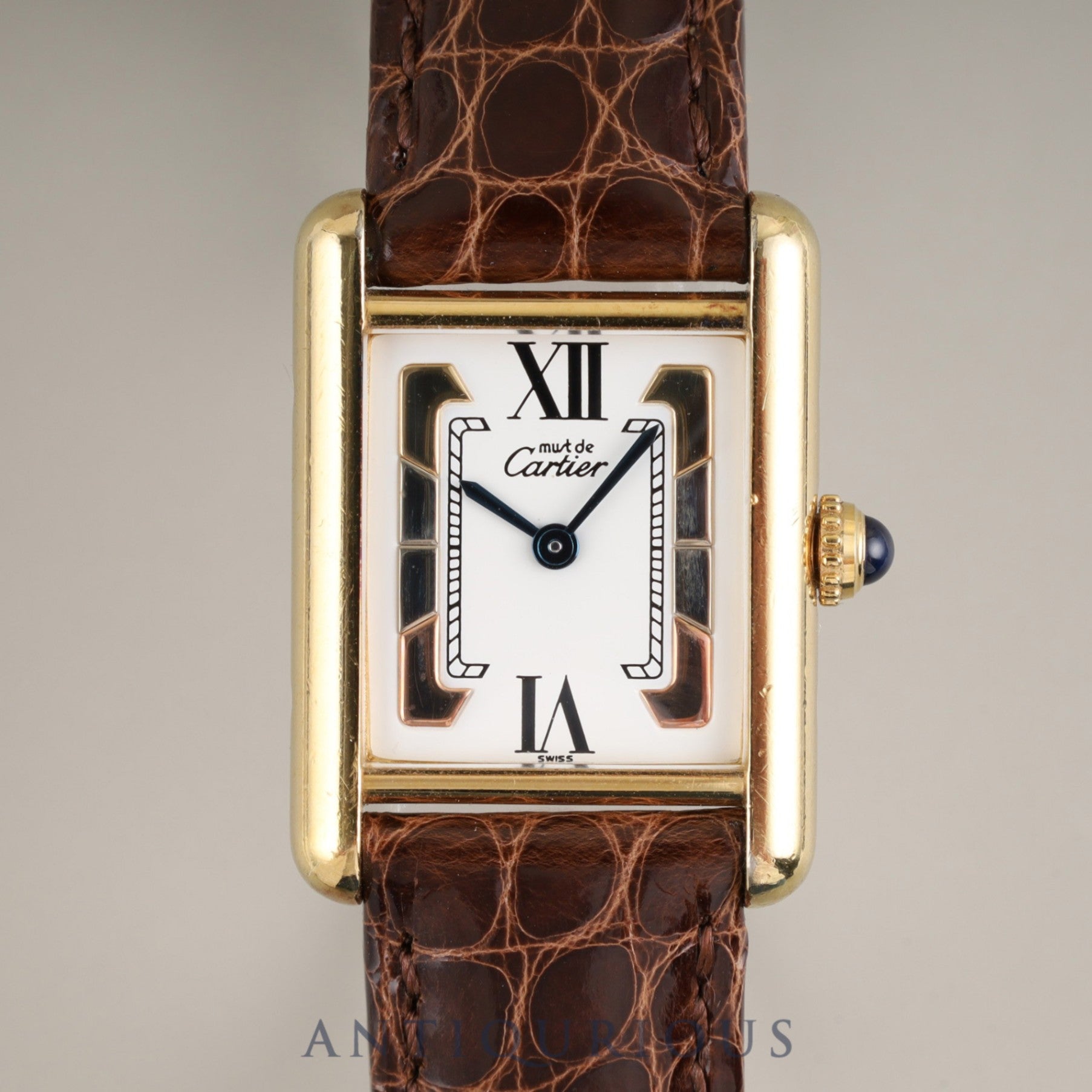 Cartier Must Tank SM 5057001 Quartz Caliber 057 SV925 Leather Strap with Genuine D-Buckle (GP) Side Trinity Dial Circa 1982-Circa 1995 Overhauled