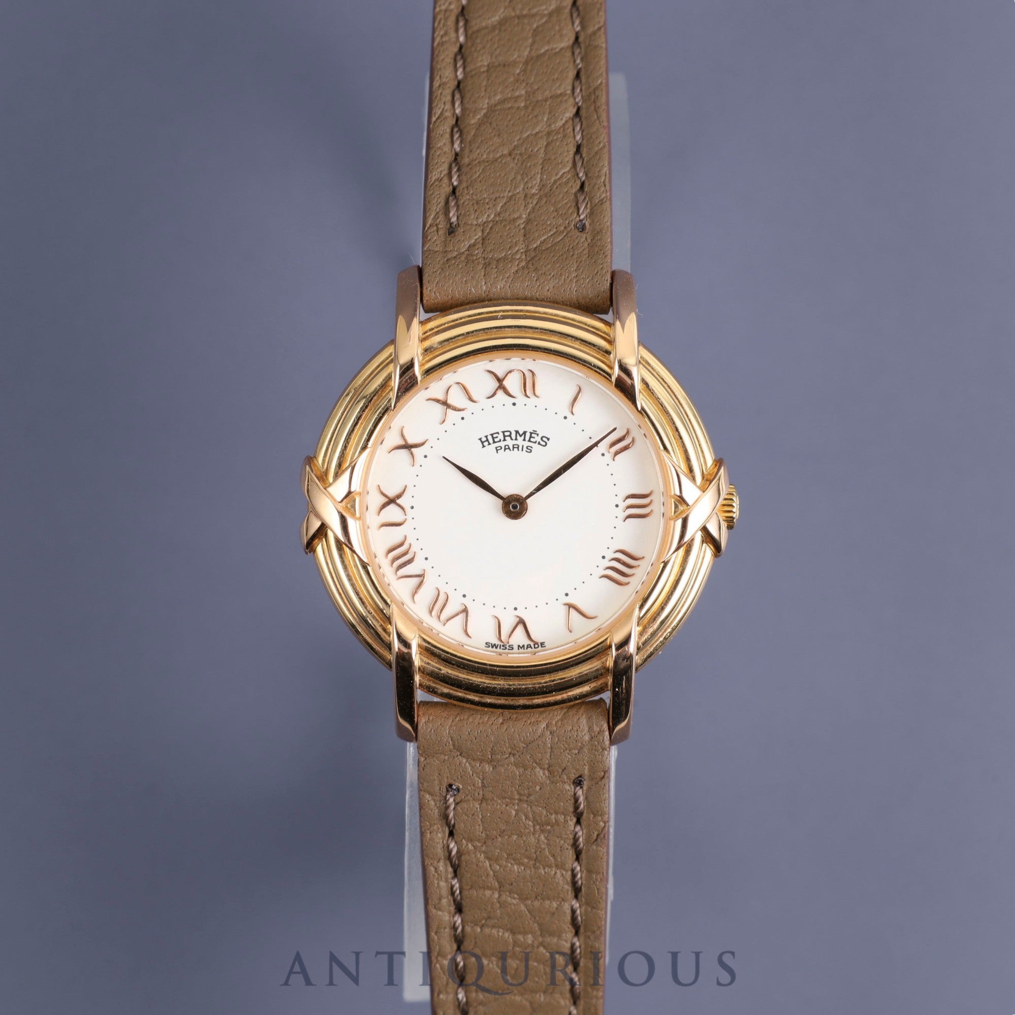 Hermes Ruban 06.32 Quartz Cal.976.001 YG Leather Genuine Buckle (GP) White Dial Overhauled