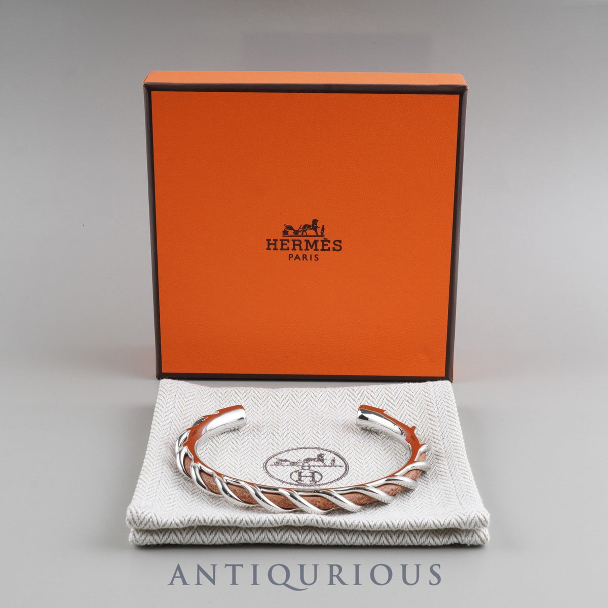 Hermes Torsade Open Bangle Metal x Leather Silver x Brown Box Dust Bag Tag