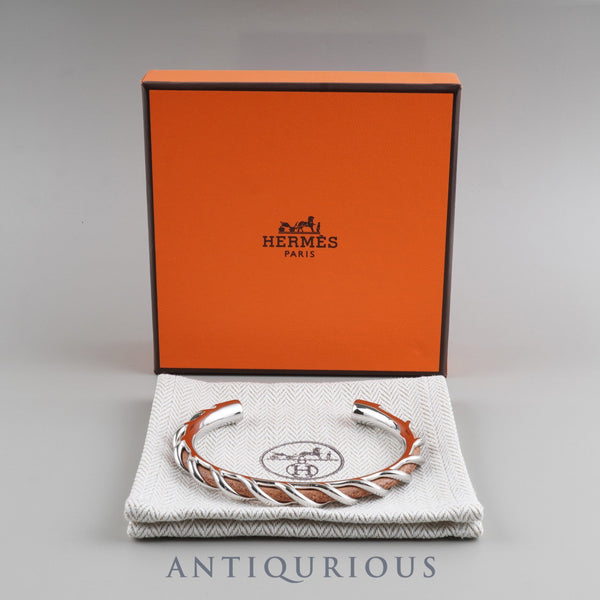 Hermes Torsade Open Bangle Metal x Leather Silver x Brown Box Dust Bag Tag