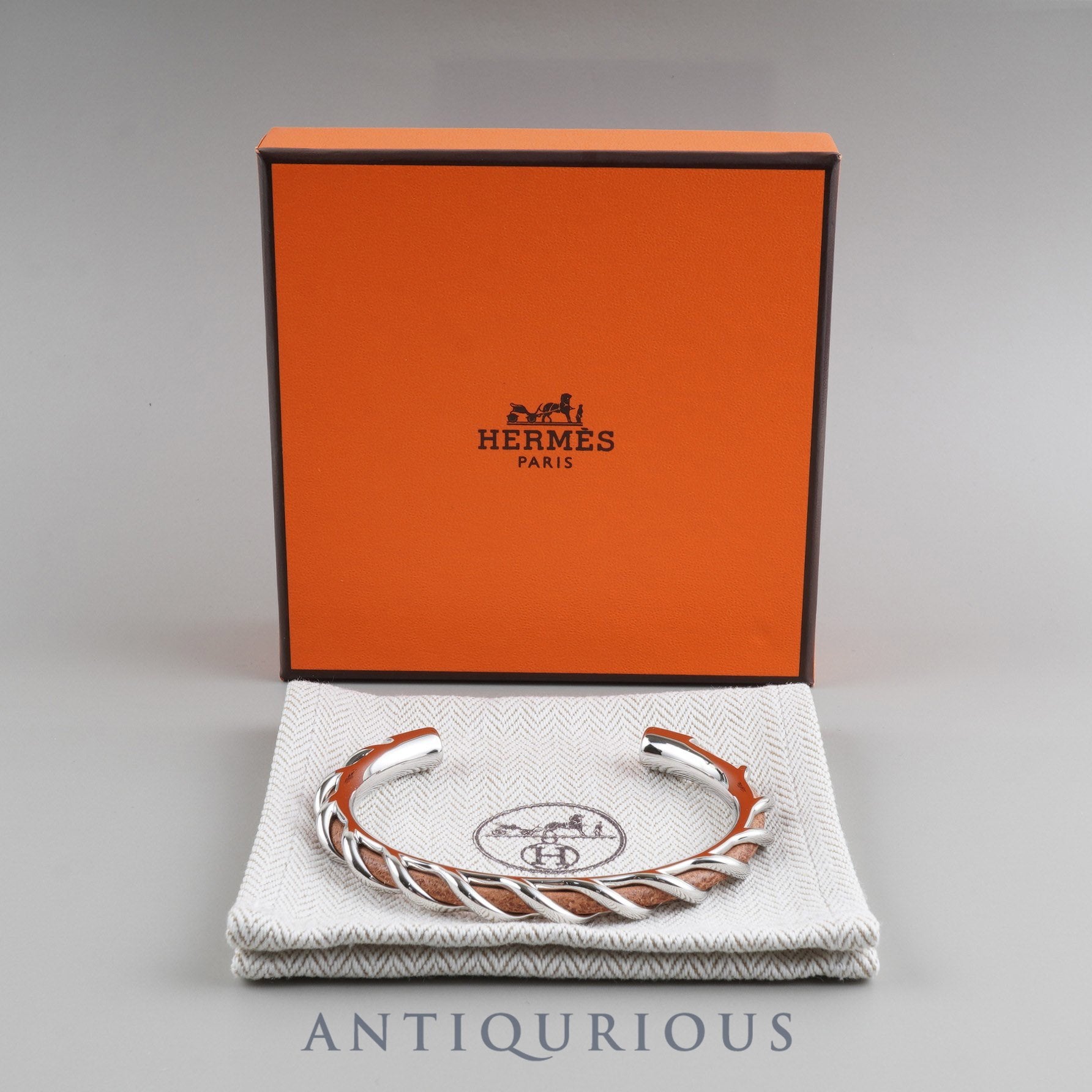 Hermes Torsade Open Bangle Metal x Leather Silver x Brown Box Dust