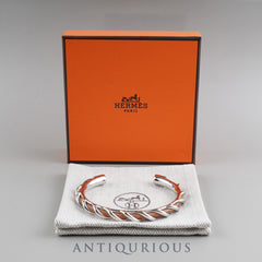 Hermes Torsade Open Bangle Metal x Leather Silver x Brown Box Dust Bag Tag