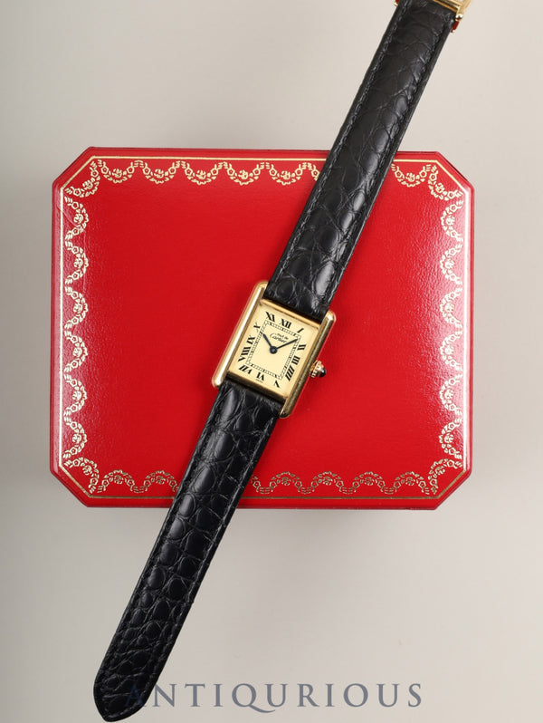 Cartier Must Tank SM W1003154 / 1613 Quartz Cal.057 SV925 Leather Strap with Genuine D-Buckle (GP) Ivory Roman Dial Box Overhauled