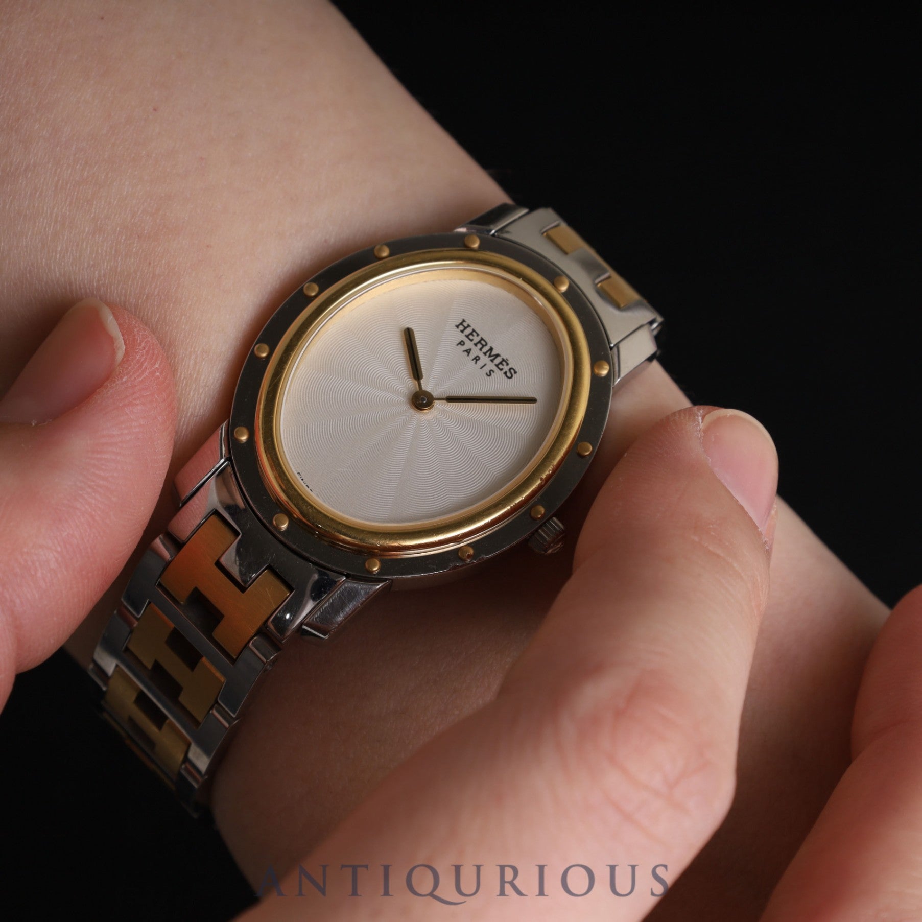 エルメス クリッパー オーバル CO1.520.220 / 3280 クォーツ Cal.976.001 SS/GP ホワイトギョーシェ文字盤 箱 保証書 (2008年)オーバーホール済み