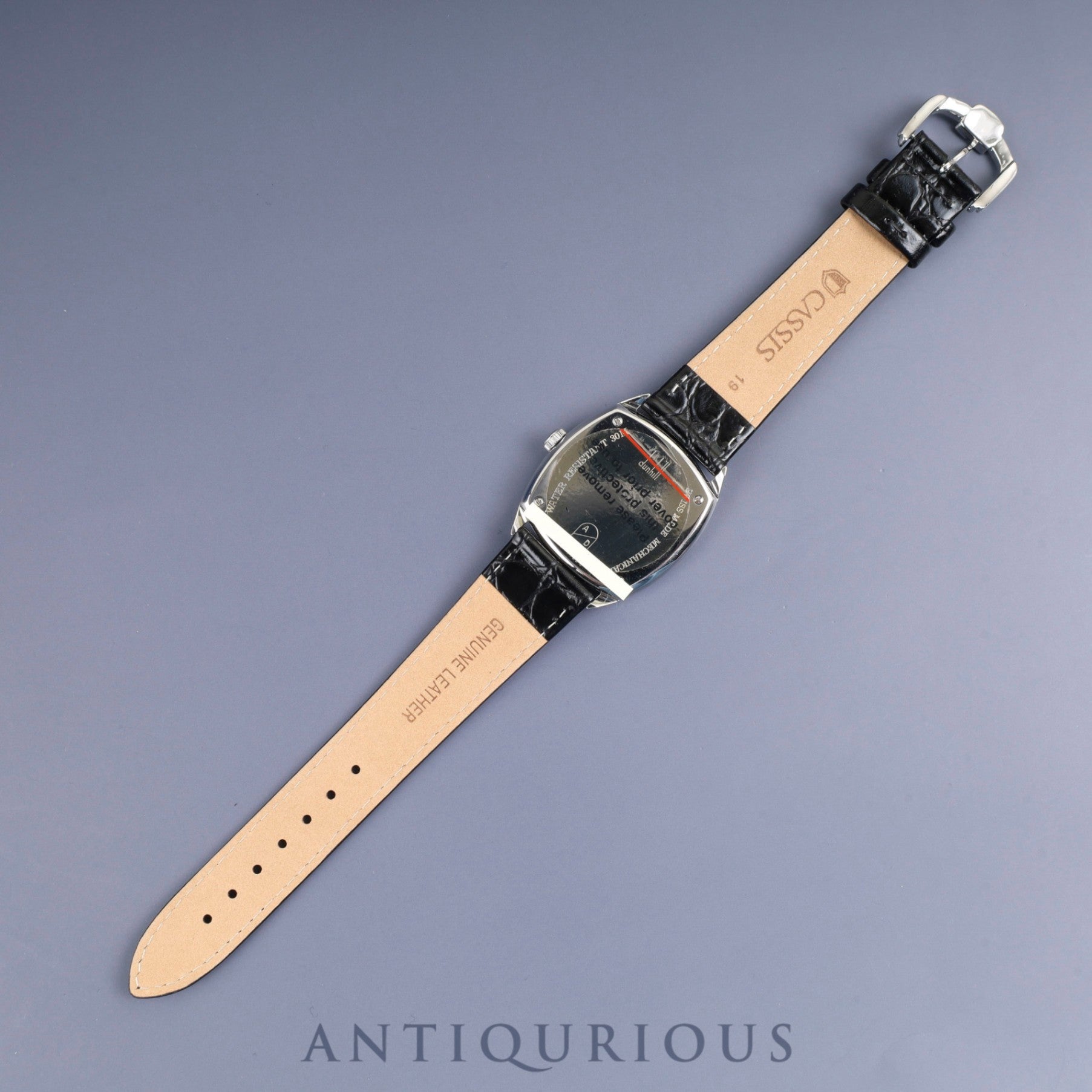 ダンヒル センテナリー クッションケース 115 手巻き Cal.7001 革 純正尾錠(SS)シルバーアラビア文字盤 箱 保証書(1996年)オーバーホール済み