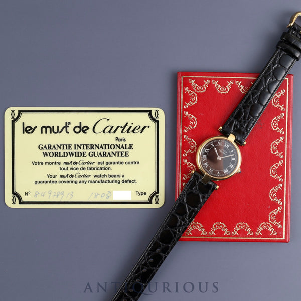 Cartier Must Vendome VLC SM 84978913 Quartz Cal.81 SV925 Leather Genuine Buckle (GP) Black Roman Dial Warranty (1983) Overhauled