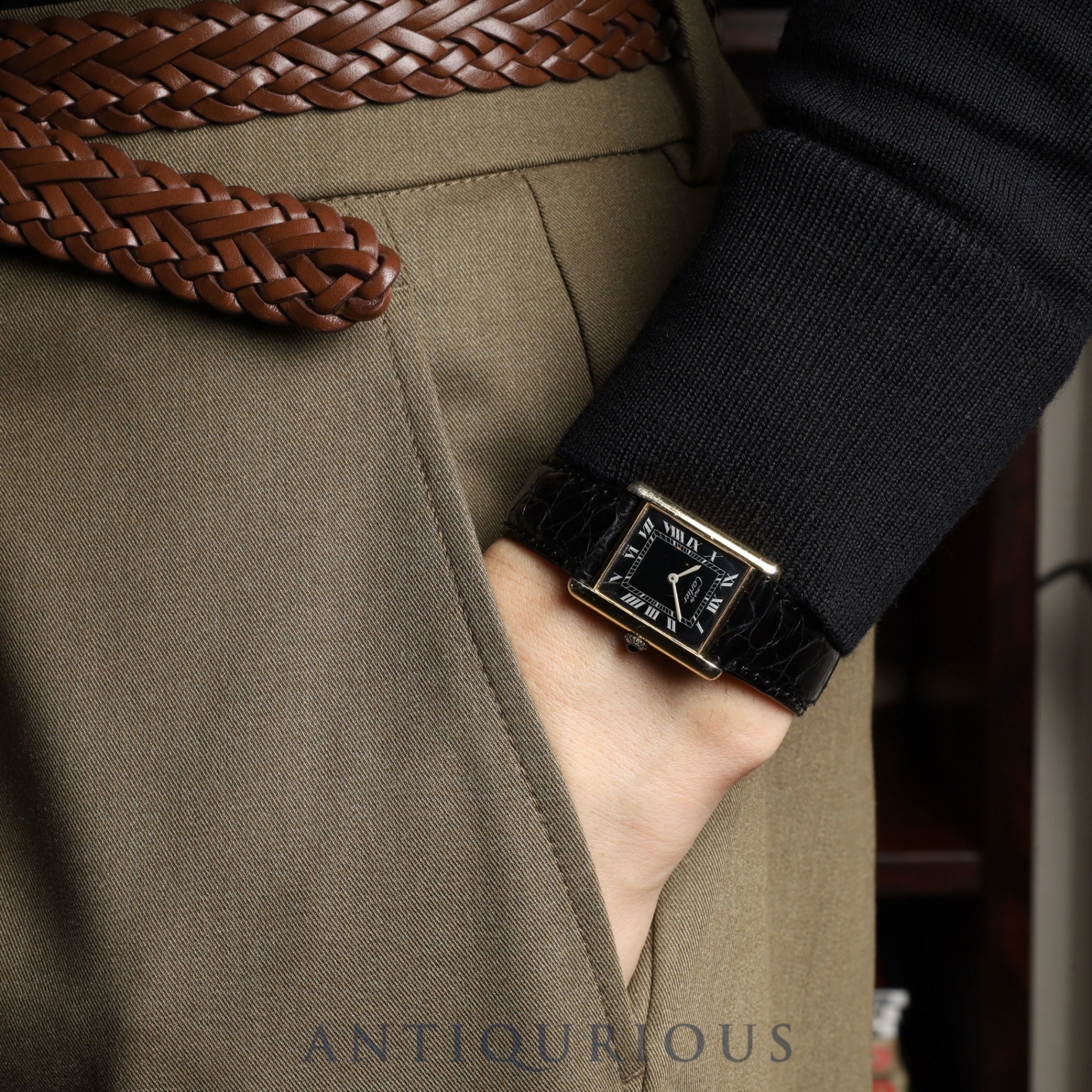 Cartier Must Tank LM Manual Winding SV925 Leather Watch with Genuine GP Buckle, Black Roman Dial, Overhauled