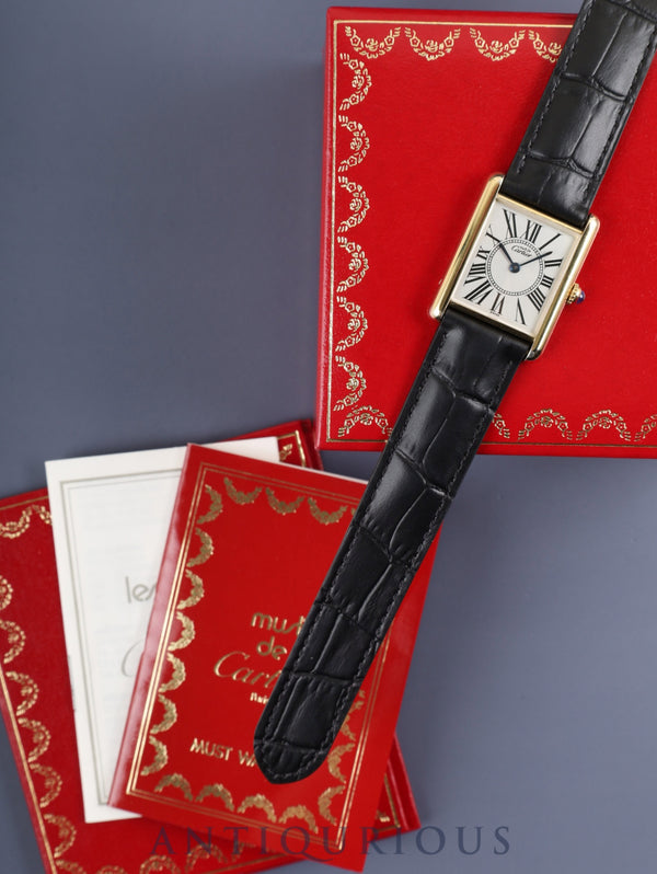 Cartier Must Tank LM 590005 Quartz Caliber 90.06 SV925 Leather Strap with Genuine D-Clasp (GP) Opalescent Dial Box and Booklet Overhauled