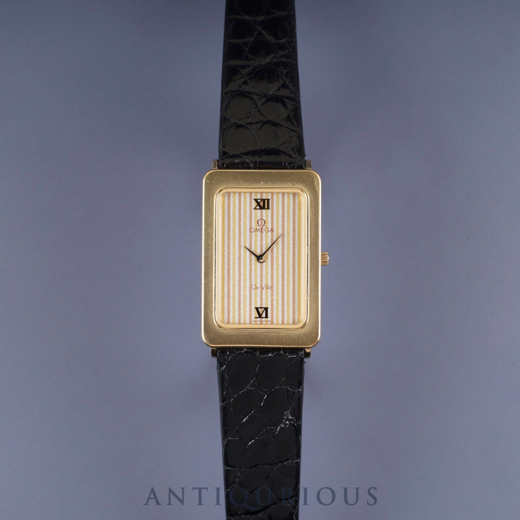 オメガ デ・ヴィル 195.0051 クォーツ Cal.1455 GP 革 社外尾錠(GP)ゴールドストライプ文字盤 オーバーホール済み