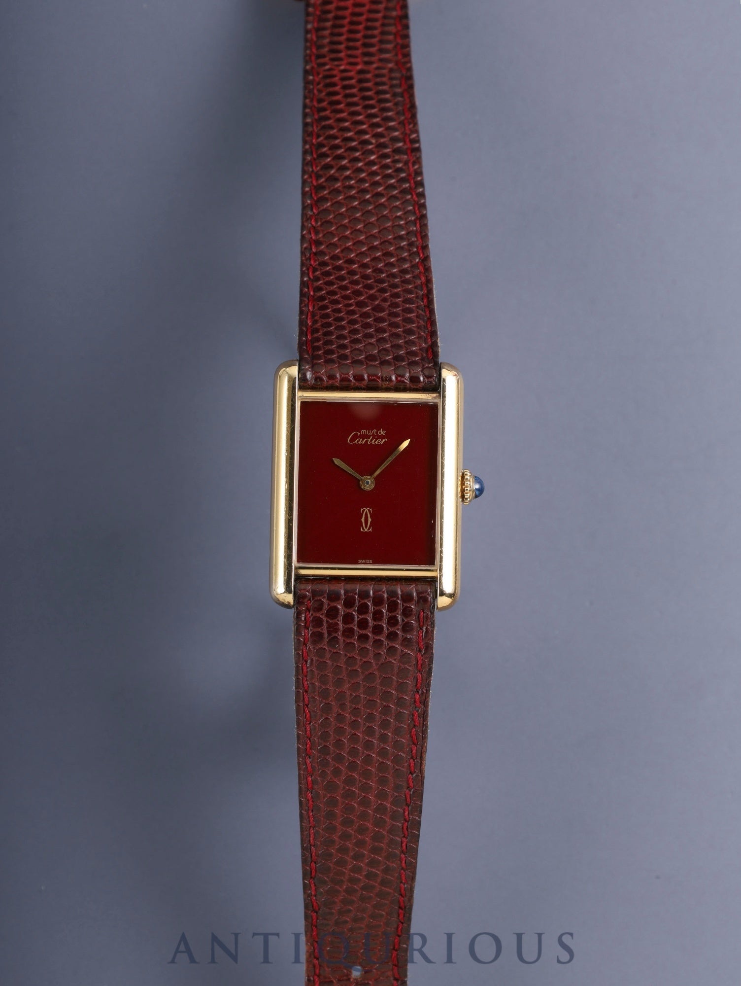 Cartier Must Tank LM, manual winding, Cal. 78-1, SV925, original leather strap, original pin buckle (GP), garnet dial, Bordeaux dial (SWISS marking), recently overhauled.