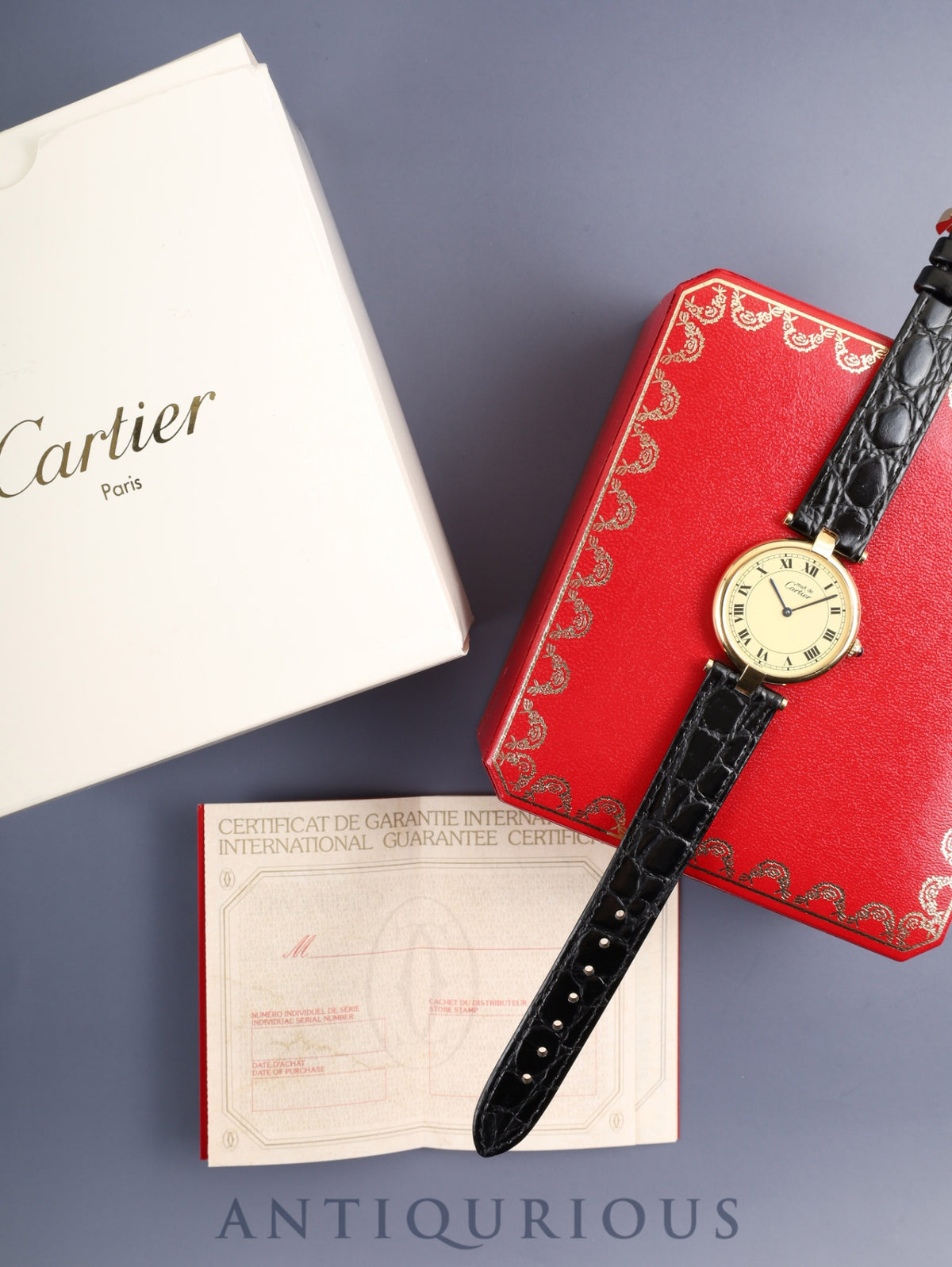 Cartier Must Vendôme VLC LM 590003 Quartz Caliber 90 SV925 Leather Strap with Genuine Buckle, Ivory Roman Dial, Box, Booklet, Warranty Card, Overhauled