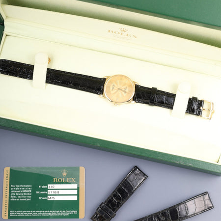 ロレックス チェリーニ 5116/8 手巻き Cal.1602 750YG 革 純正ピンバックル（750）シャンパンギョーシェ文字盤 32mm M番台（2007年～2008年）ケース カードホルダー 冊子 保証書（2008年/個人名修正跡） オーバーホール済み