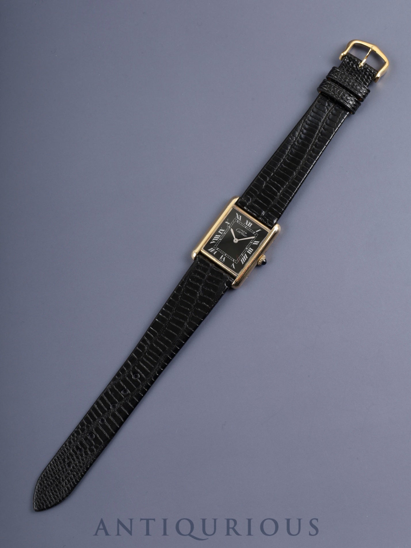 Cartier Must Tank LM Manual Winding Caliber 78-1 SV925 Leather Watch with Genuine Pin Buckle (GP) Black Roman Dial (SWISS Marking) Overhauled