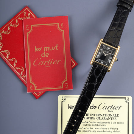 カルティエ マストタンク LM 手巻き Cal.78-1 SV925 革 純正尾錠（GP） ブラックローマン文字盤 保証書 オーバーホール済み