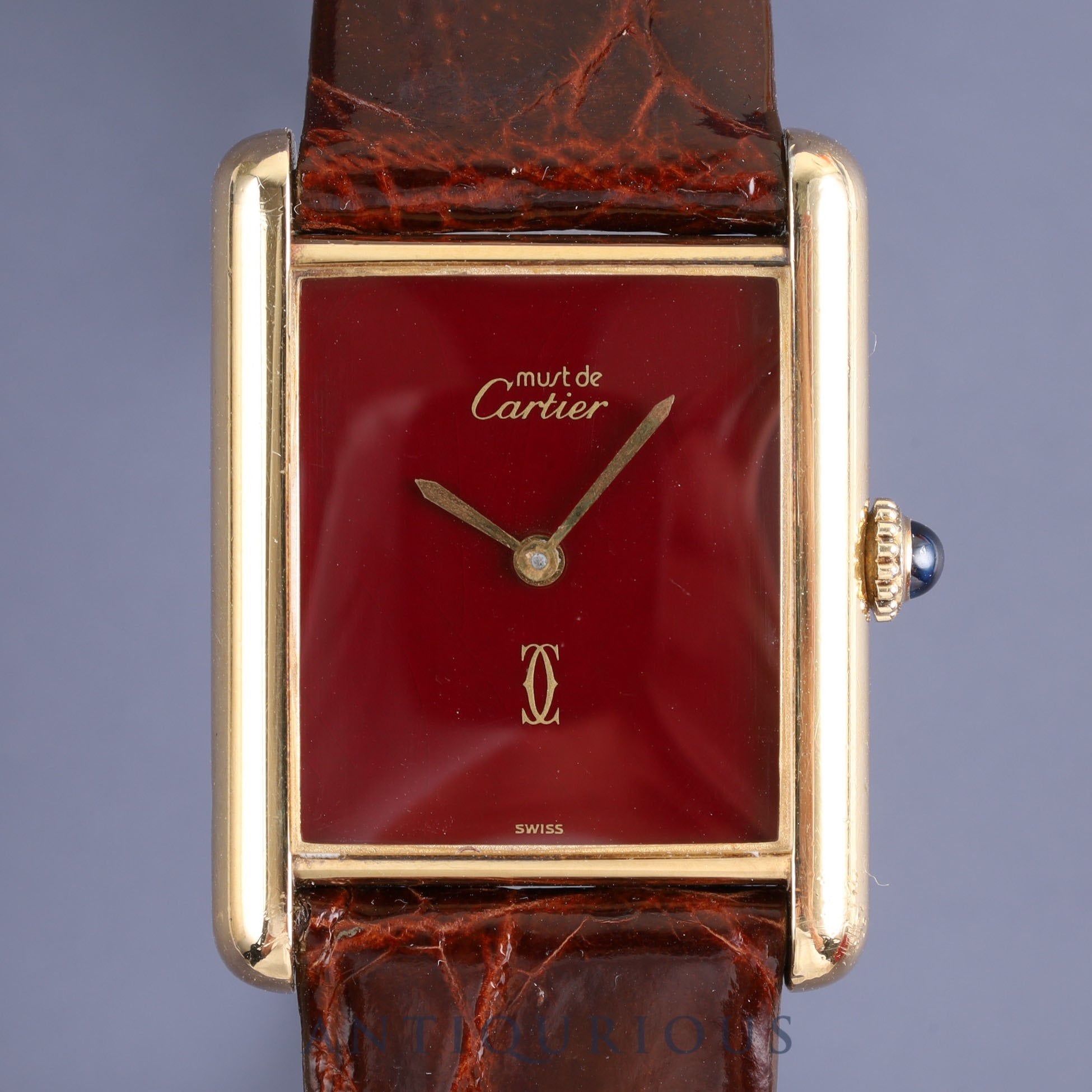 CARTIER カルティエ MUST TANK LM マストタンク LM 手巻き Cal.78-1 925 革 純正尾錠（GP）ボルドー文字盤 箱 オーバーホール済み