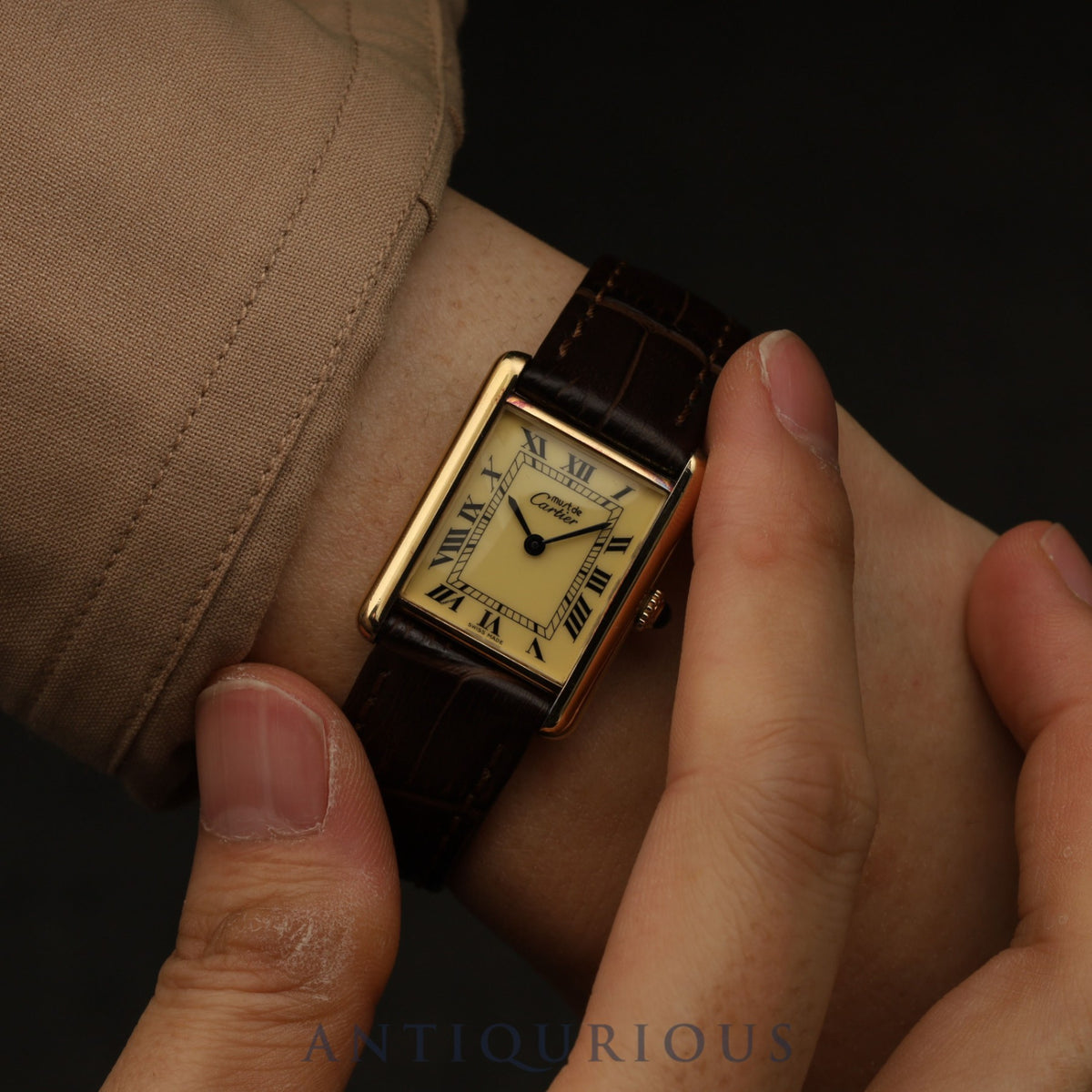 Cartier Must Tank LM, manual winding, SV925, leather, genuine buckle (GP), ivory Roman dial, circa 1976-1981, fully serviced at a Cartier boutique.