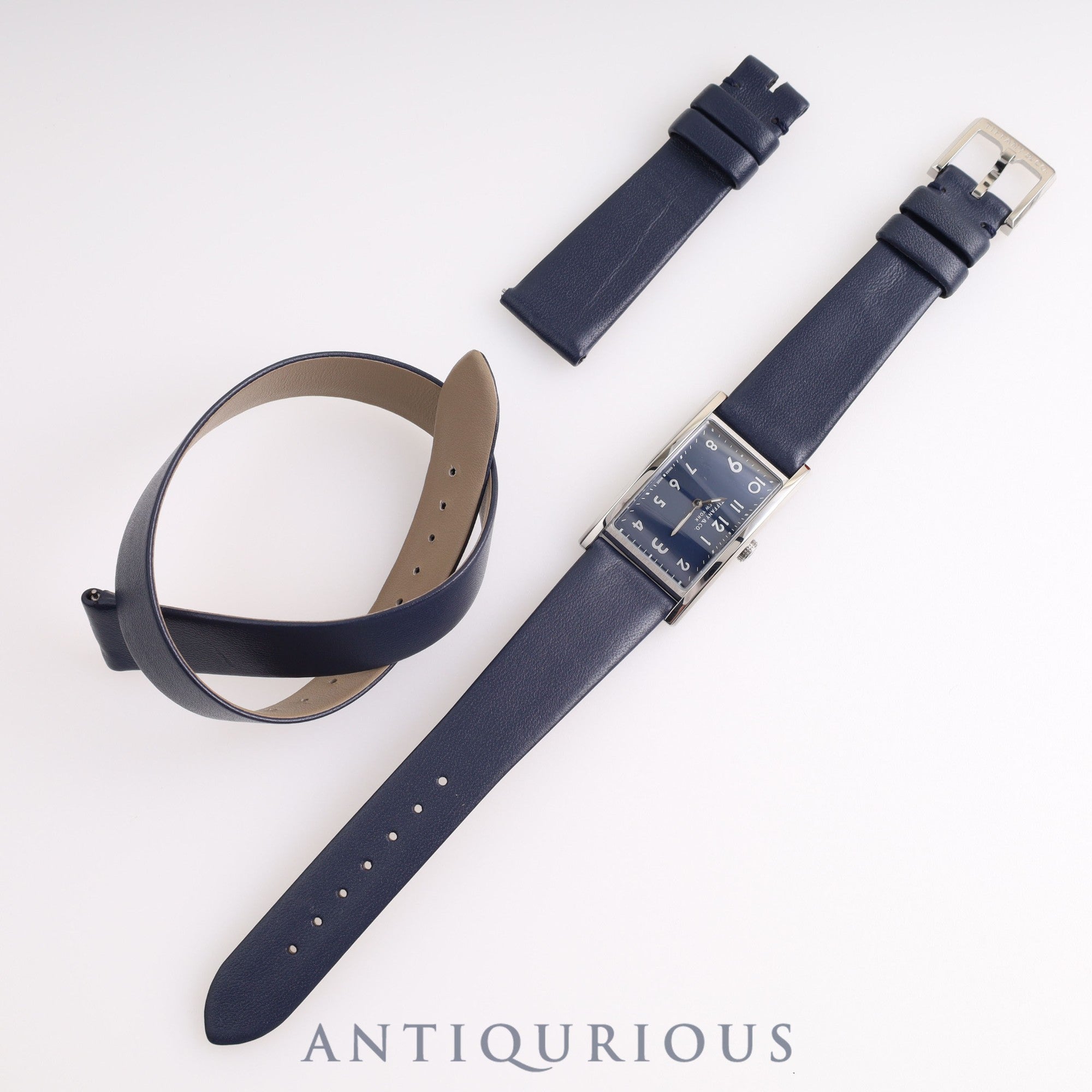 Tiffany East West Mini 3668644 Quartz Genuine Leather Strap Navy Dial Replacement Long Strap Included