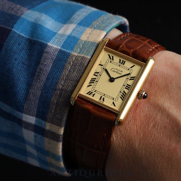 カルティエ マストタンク LM 590005 クォーツ Cal.690 SV925 革 純正尾錠（GP） アイボリーローマン文字盤 オーバーホール済み 新品仕上げ済み