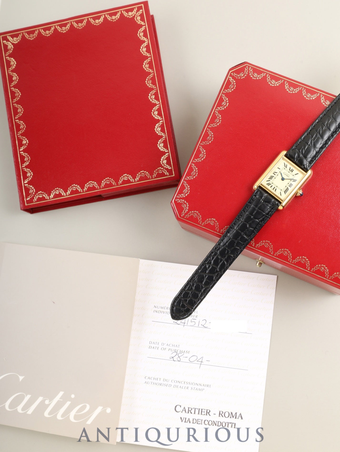 Cartier Must Tank MM 2415 Quartz Caliber 057 SV925 Leather Watch with Genuine D-buckle (GP) Ivory Roman Dial (SWISS MADE Marking) Circa 1990-2004 Box Warranty Card Overhauled