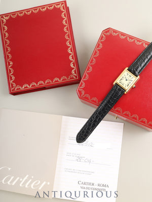 Cartier Must Tank MM 2415 Quartz Caliber 057 SV925 Leather Watch with Genuine D-buckle (GP) Ivory Roman Dial (SWISS MADE Marking) Circa 1990-2004 Box Warranty Card Overhauled