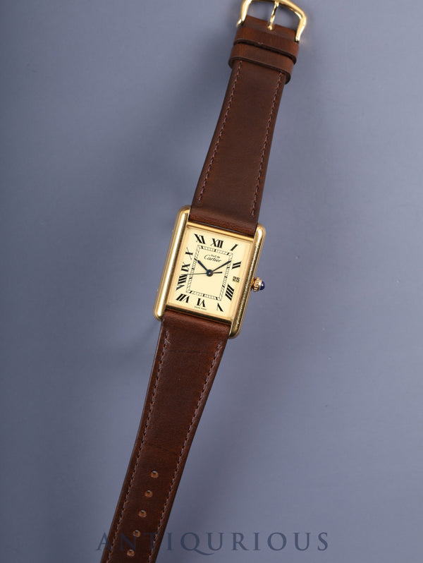 Cartier Must Tank GM (XL) 2413 Quartz Cal. 687 SV925 Leather Strap with Genuine GP Buckle Ivory Roman Dial Box Warranty (2005) Overhauled
