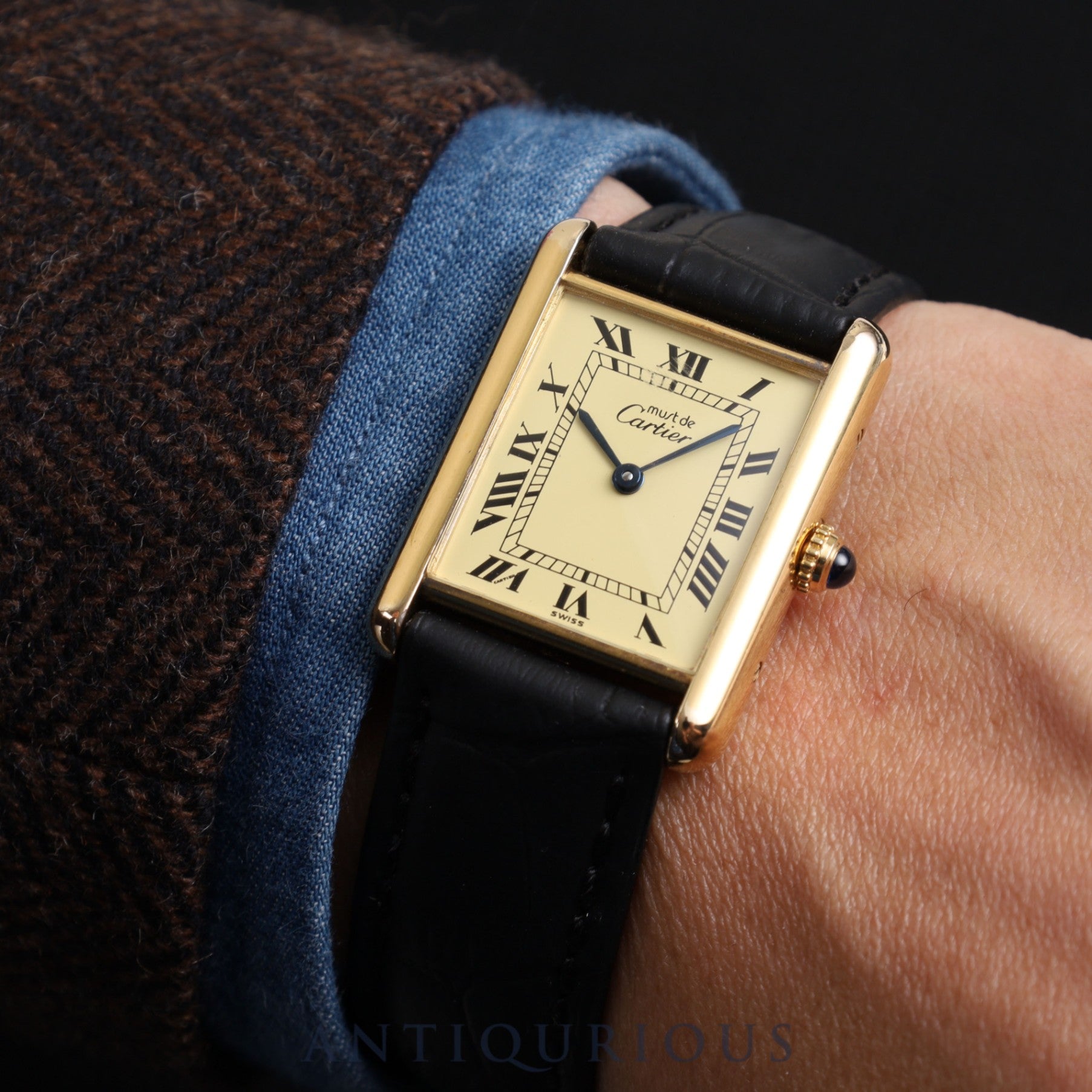 CARTIER カルティエ MUST TANK LM マストタンク LM W1002753 / 590005 クォーツ Cal.90 SV925 革 純正尾錠（GP） ローマンアイボリー文字盤 1980年代半ば～1994年 オーバーホール済み